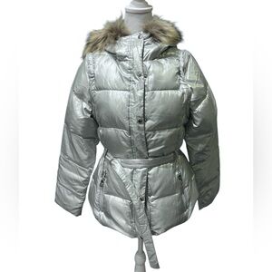Andrew Marc Silver Puffer Jacket with Faux Fur Hood